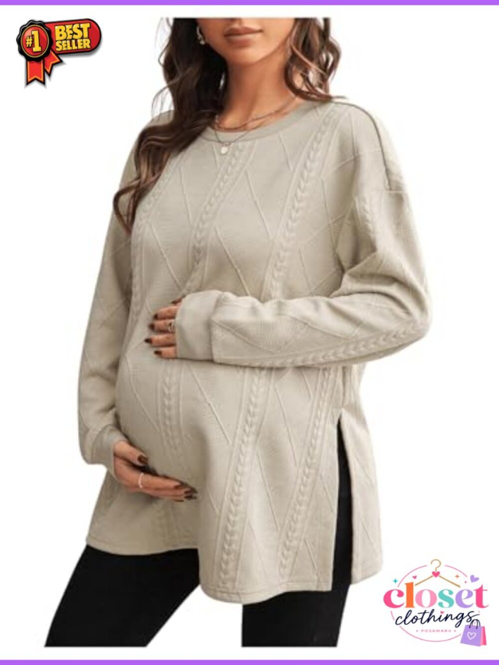 Maternity Sweatshirt Split Hem Crew Neck Long Sleeve Pullover Top